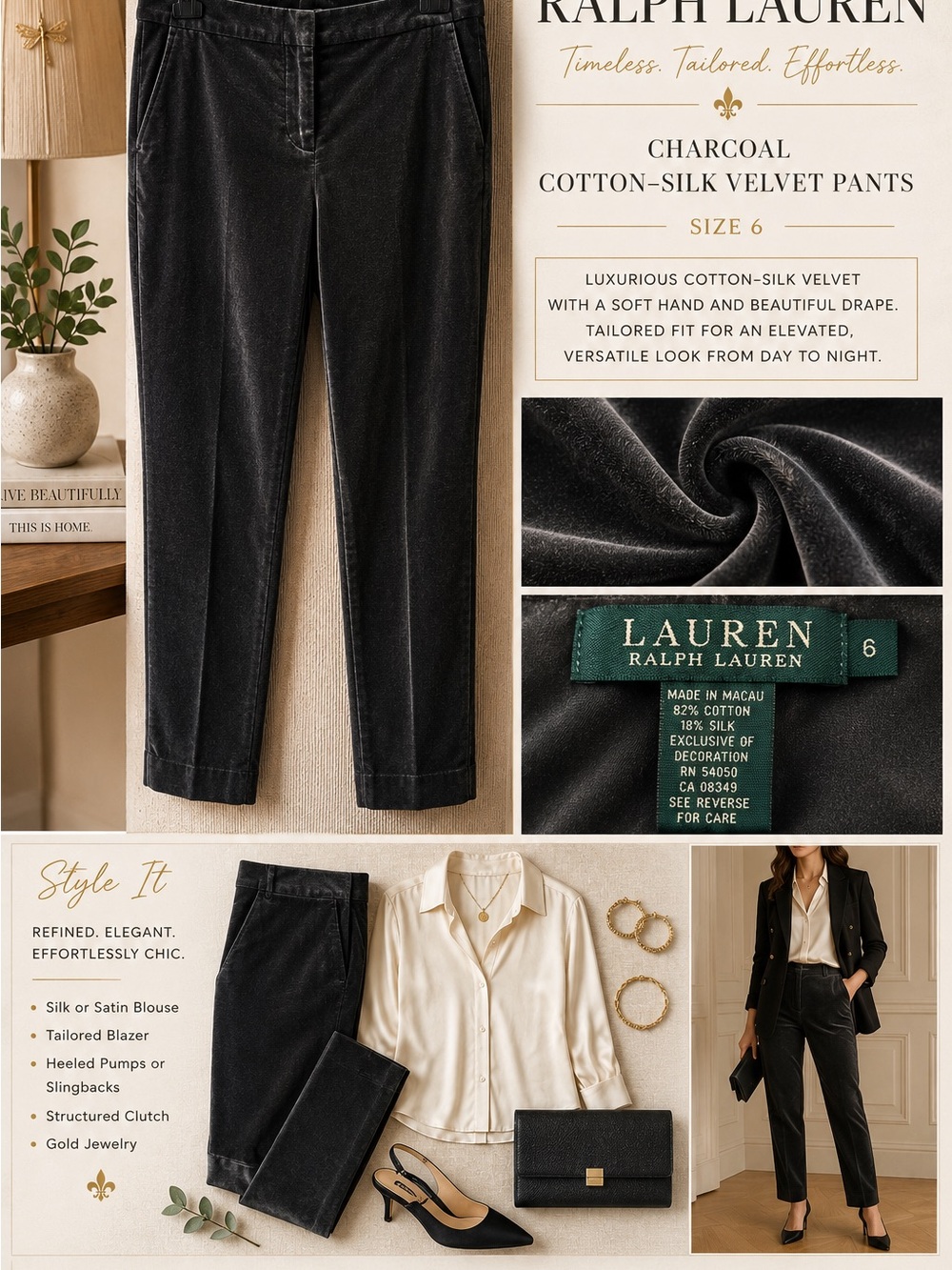 Ralph Lauren Charcoal Velvet Straight Leg Pants